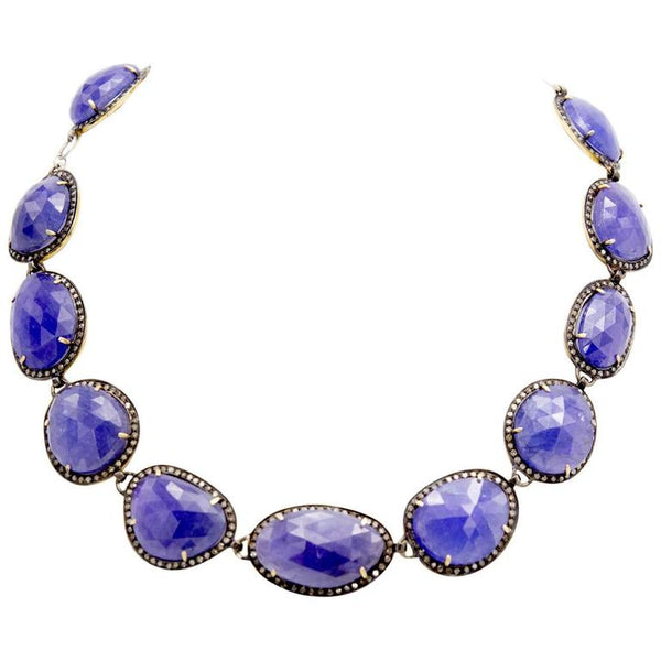 Tanzanite and Rose Cut Diamond Necklace in Oxidized Silver and Gold Setting