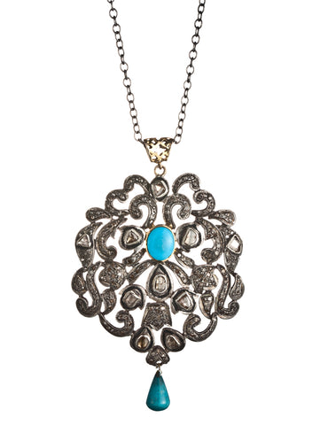 Rose Cut Diamond and Turquoise Pendant on Rhodium Plated Chain
