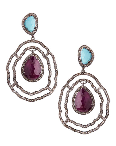 Ruby, Turquoise and Rose Cut Diamond Earrings